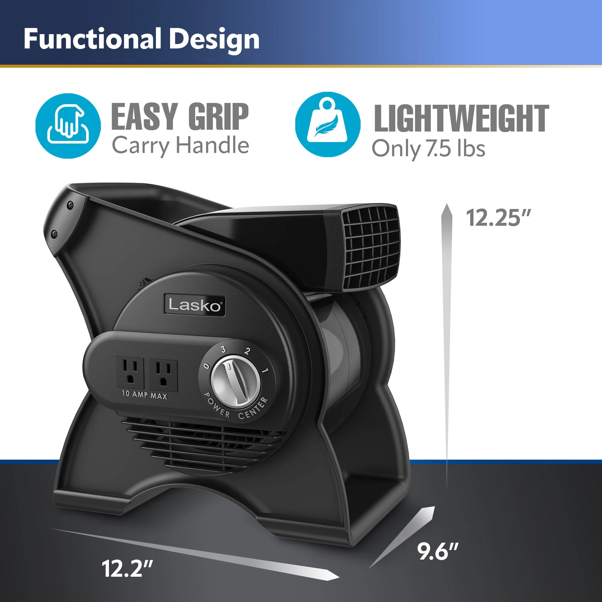 Lasko 12 Pivoting Pro High Velocity 3-Speed Blower Fan with Outlets, Black, U12104, New