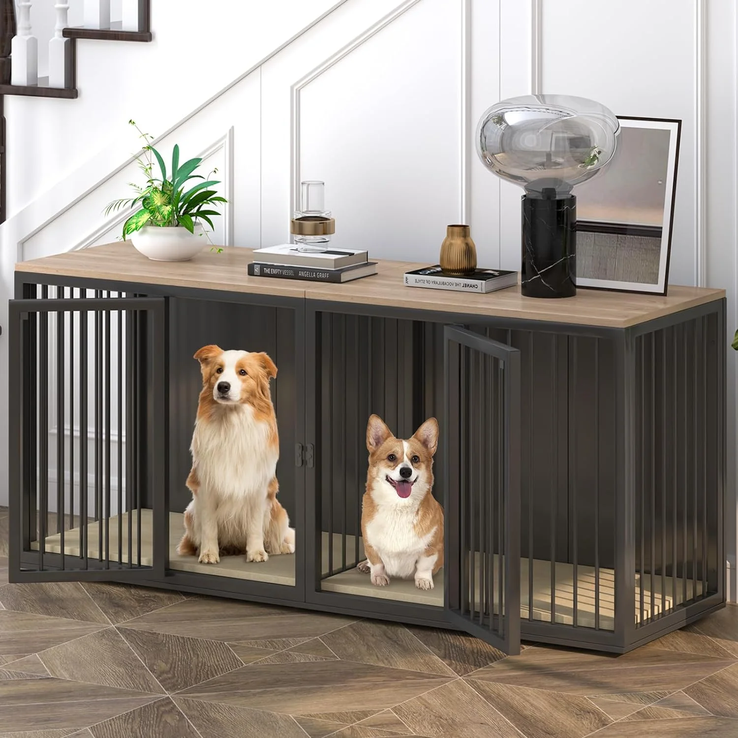 Cuoote Dog Crate Furniture for 2 Dogs, Large Kennel Furniture with Partition and Double Cage, 71.6" All-Steel Frame and Wooden Top Kennel, Suitable for Medium and Large Dogs (Black)