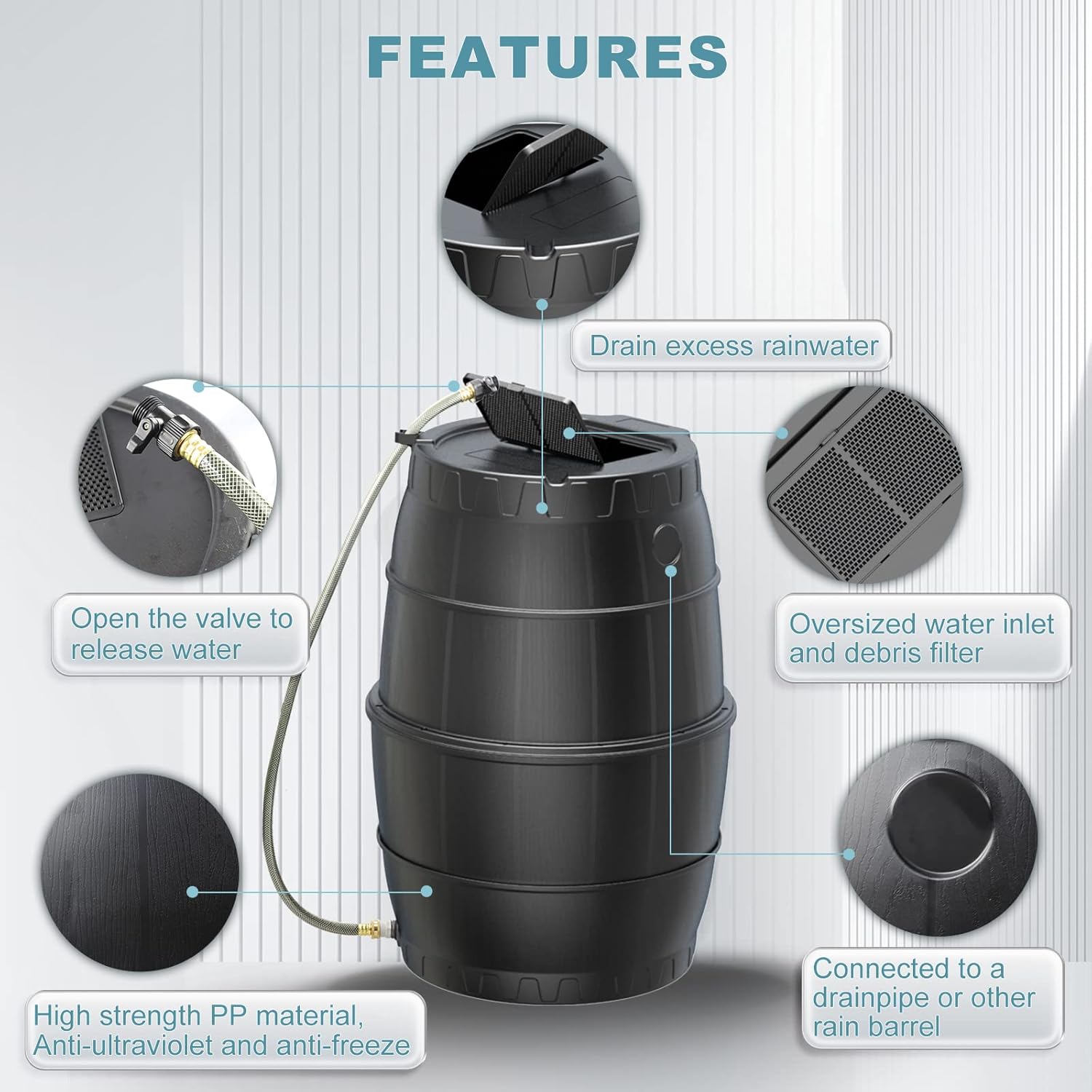 SQUEEZE master 50 Gallon Rainwater Collection Barrel-BPA Free Home Rain Catcher with Outlet Hose-Flatback Designed Water Storage Collection Barrel for Gardens and Plants