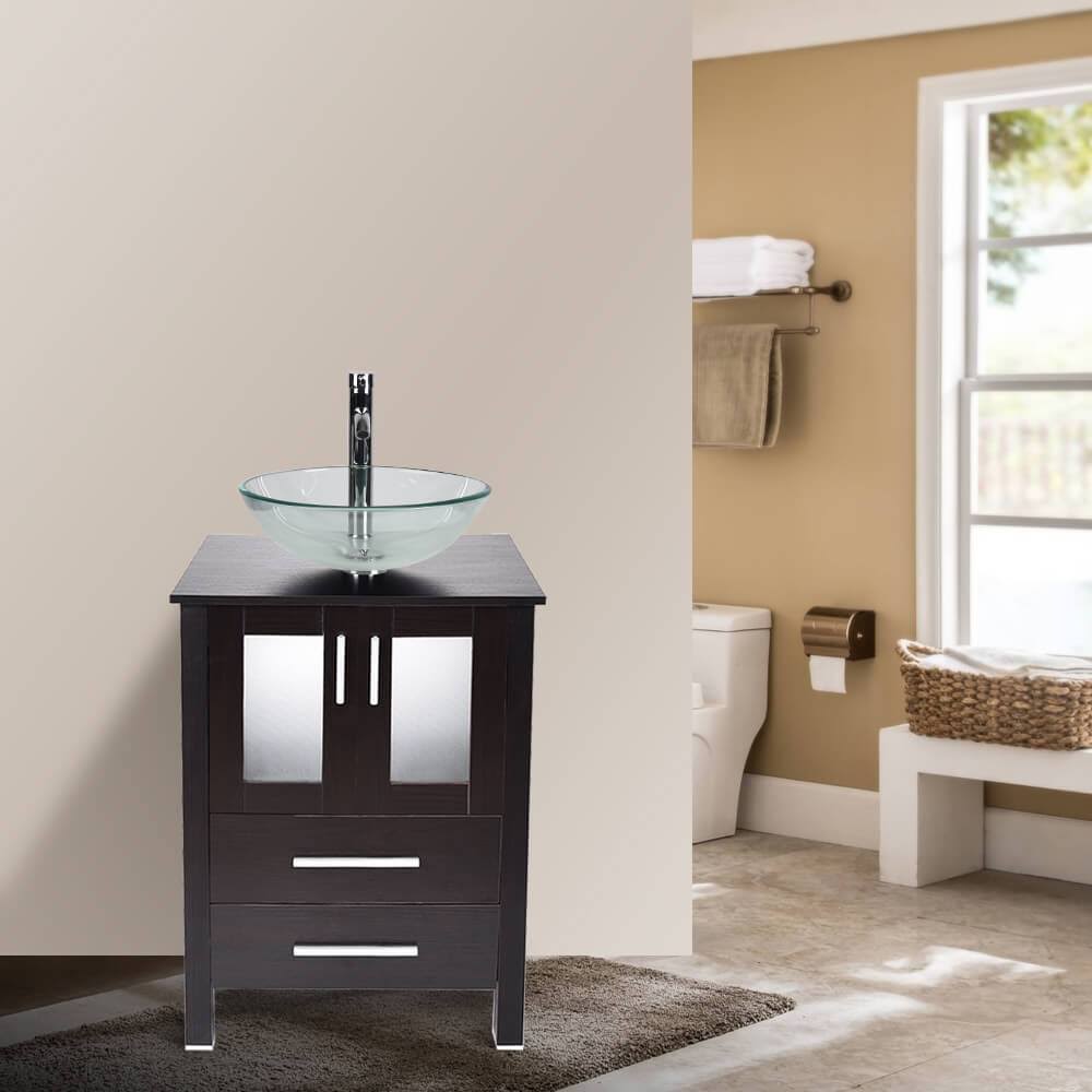 Puluomis 24 inch Bathroom Vanity Combo Modern MDF Cabinet, Dark Brown Fixture Pedestal Cabinet, Black
