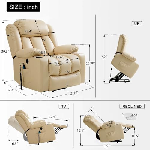 Large Power Lift Recliner Chair Recliners for Elderly, Infinite Position Recliner Chair with Heat and Massage, Breathable Leather(Beige)
