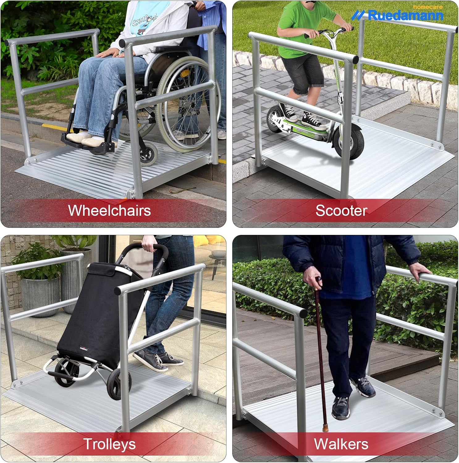 Ruedamann 3'L x 36" W Aluminum Wheelchair Ramp with Handrails, 600 Lbs Capacity Threshold Ramp for Home Steps Stairs Curbs, Non-Slip Access Ramp, Doorway Ramp for Wheelchairs Scooters Carts Walkers