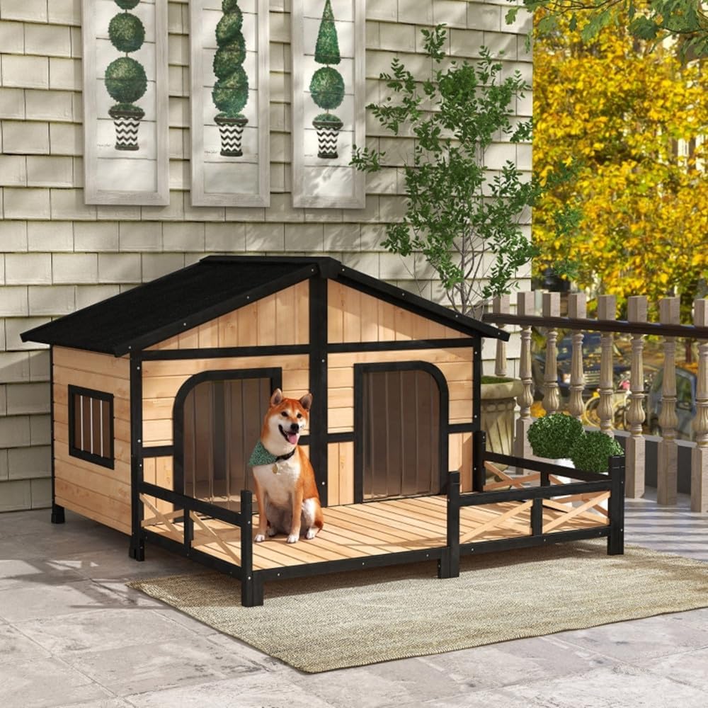 Dog House Outdoor Wooden Cabin House Style Wooden Dog Kennel with Porch Suitable for Small to Medium Sized Dogs Under 33 Lbs