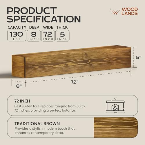 Woodlands-USA 72 Floating Fireplace Mantel Wood Shelf - Rustic Mantels For Over Fireplace, 72 Inches Wall Mounted Handcrafted Mantle Shelf, 72 X 8 X 5 Fireplace Mantel Shelves, Farmhouse Charcoal Gray