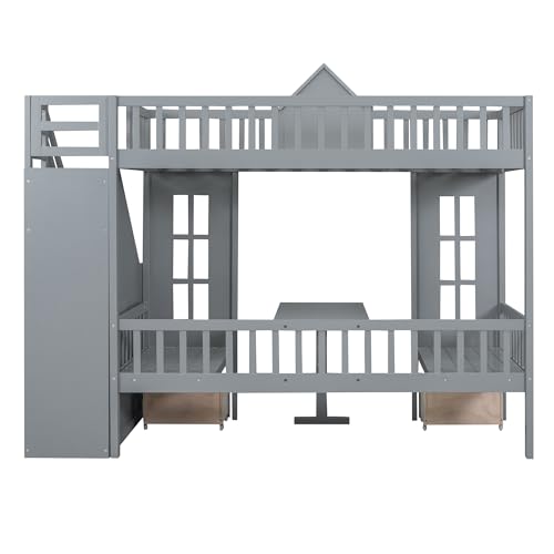 Full Over Full Bunk Beds with Stairs for Kids/Teens, Wooden Convertible Bunk Bed with 2 Storage Drawers, Down Bed Can be Turned Into Desk and Seat, White