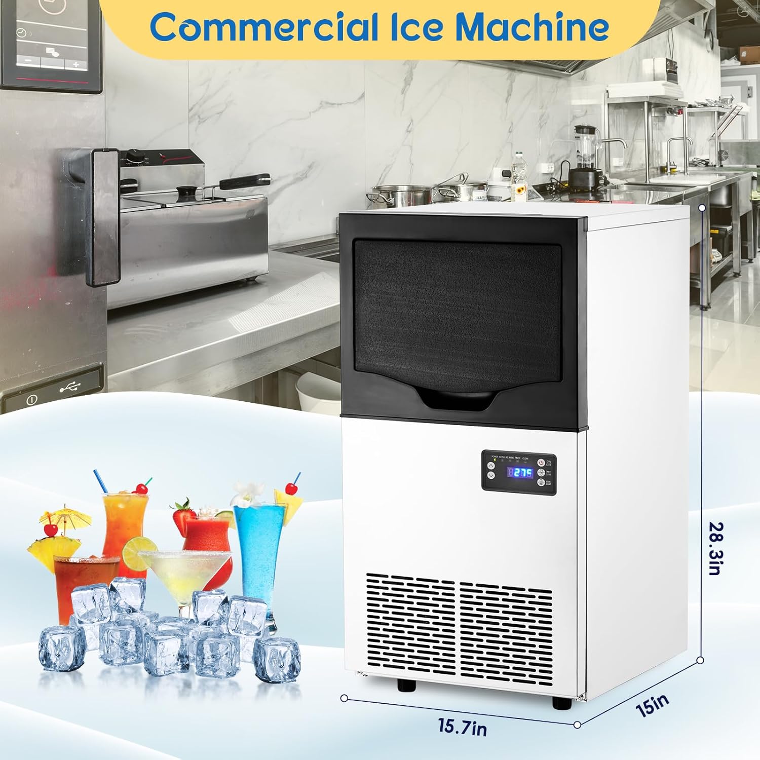 Commercial Ice Maker Machine 100LBS/24H, Stainless Steel Under Counter ice Maker Machine, 33LBS Ice Storage, LCD Controller, Self Cleaning, Large nugget Ice Maker for Restaurant/Bar/Cafe/Office