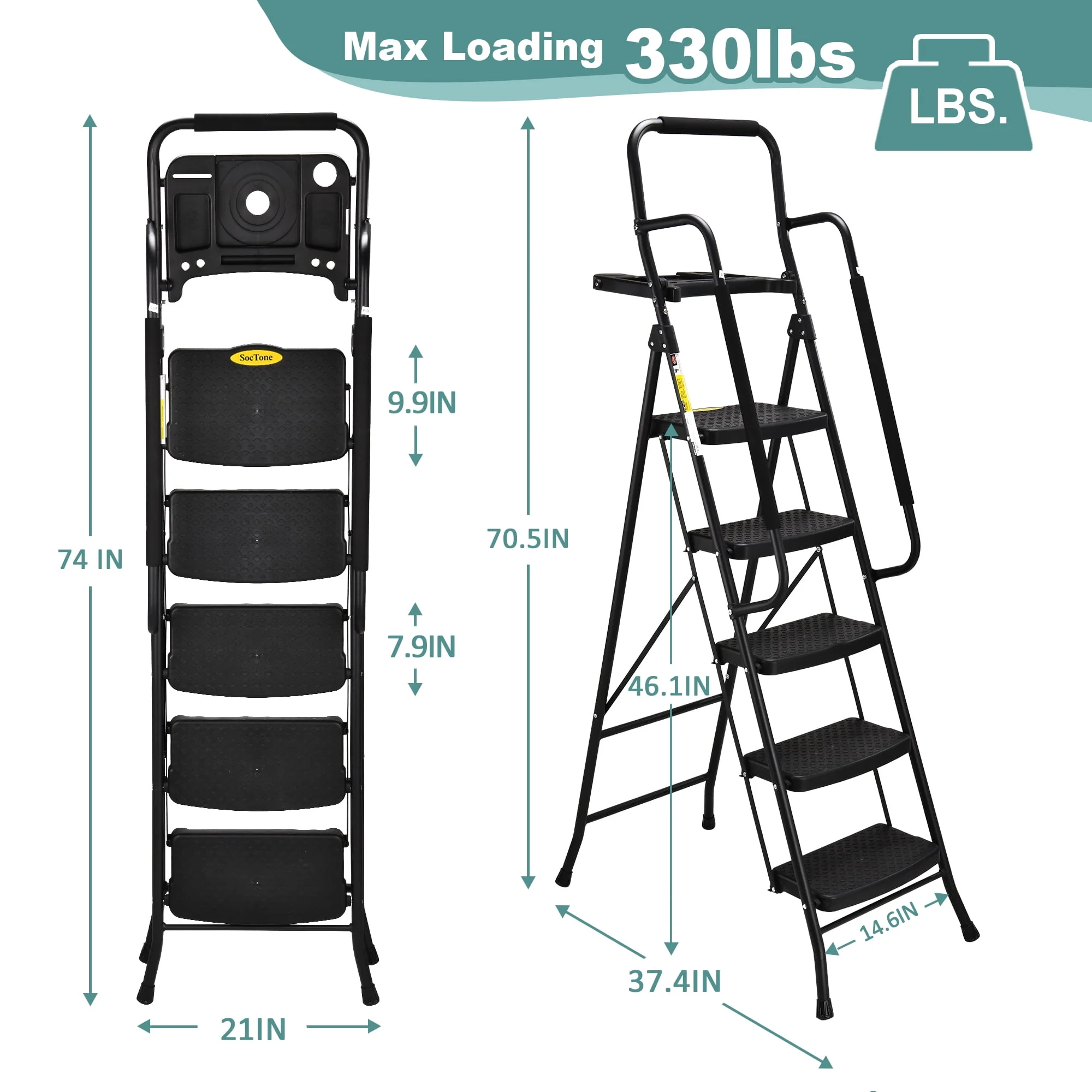 HBTower Folding 5-Step Ladder, 330lbs, with Handrails and Tool Tray and Anti-Slip Pedal, Black