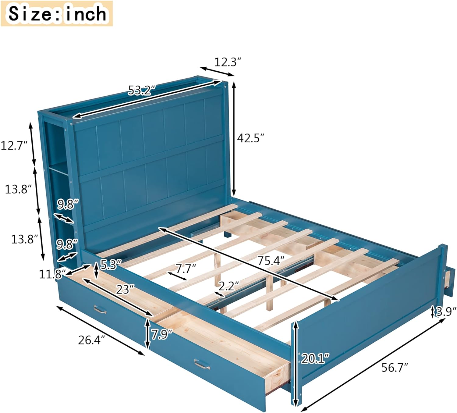 Full Size Platform Bed With Storage Drawer And Shelves,Wooden Full Bed Frame With Headboard And Footboard For Kids, Teens, Adults(Blue)