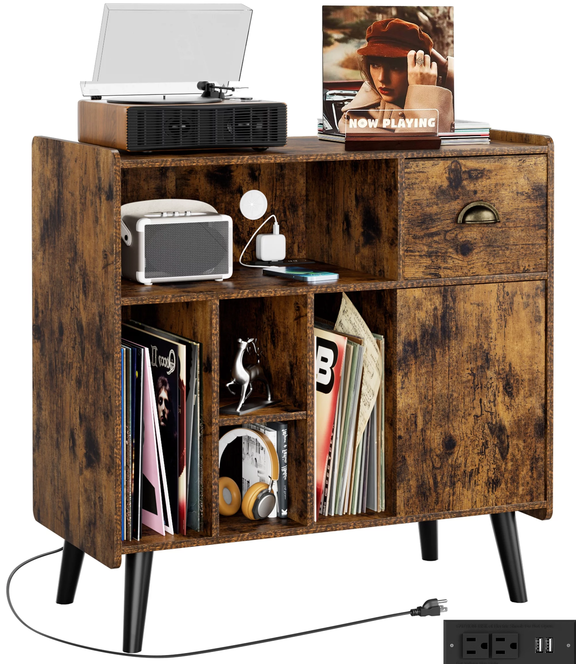 Luxmo Record Player Stand with Vinyl Storage, Vinyl Record storage Cabinet with Charging Station, Turntable Stand Record Table Display with Wood Legs for Bedroom Living Room
