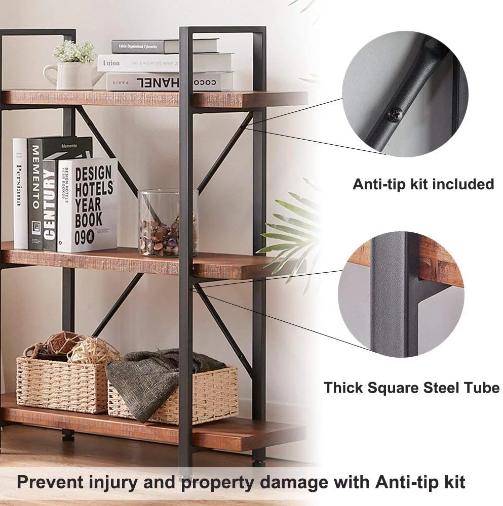 sell well 4 Tier Natural Real Wood Bookshelf  4 Shelf Rustic Solid Wooden and Metal Bookcase  Farmhouse Open Vintage Industrial Etagere Book Shelf for Office Living Room Bedroom Storage