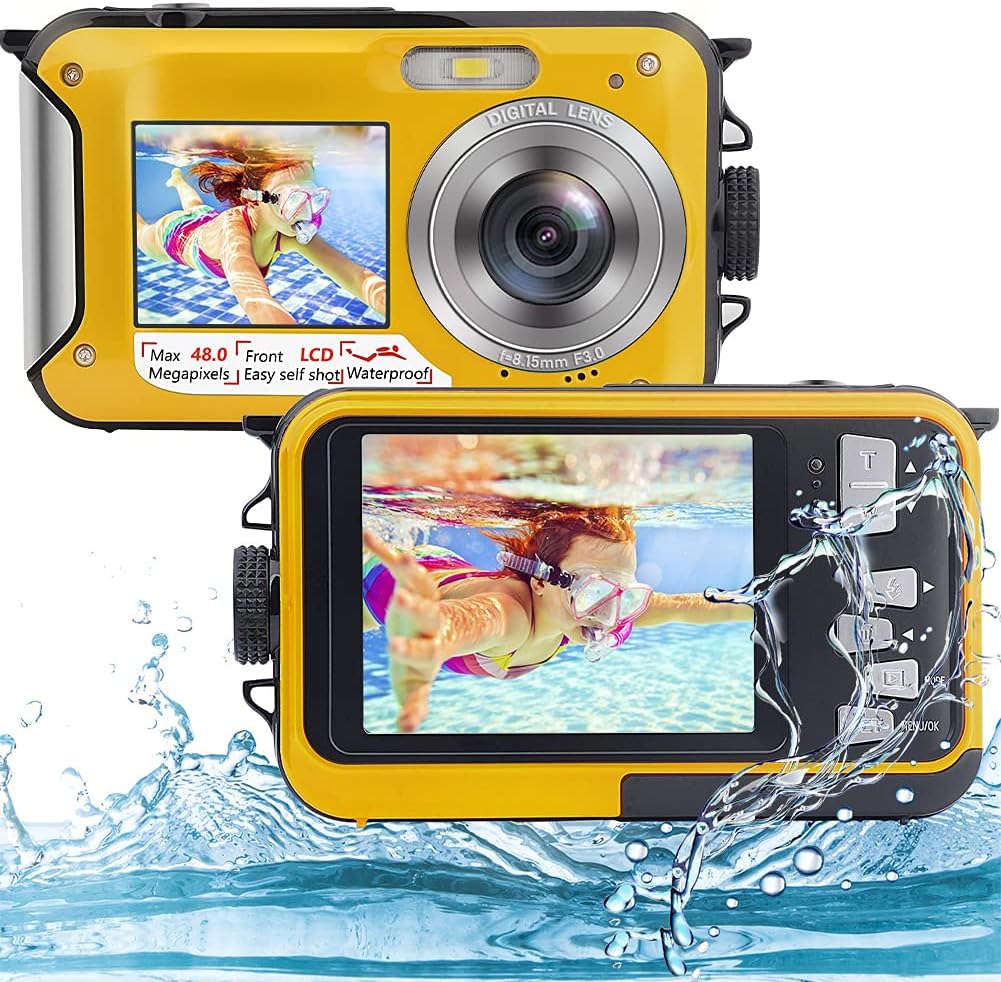 Underwater Camera Full HD 2.7K 48MP Waterproof Camera for Snorkeling Dual Screen Waterproof Camera Digital with Self-Timer and 16X Digital Zoom (Yellow) Pack of 2