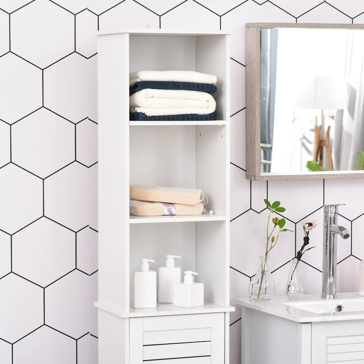 Kleankin Organizer Bathroom Tall Storage Cabinet w/ Door Tower Cupboard Open Shelves Freestanding Furniture - White