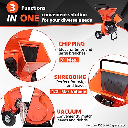 3 in 1 Wood Chipper Shredder Mulcher, 7 HP 212cc Heavy Duty Gas Powered, 3" Inch Max Wood Diameter Capacity, 2 Hoppers Multi-Function with Large Cutting Disc, Included Debris Bag