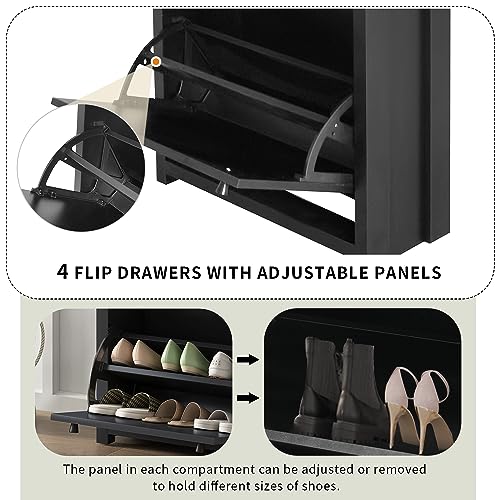 Shoe Cabinet with 2 Flip Drawers Modern Slim Hidden Shoe Storage Organizer Narrow Shoe Storage Cabinet Freestanding Shoe Rack Cabinet with Adjustable Panel for Entryway, Hallway, Living Room