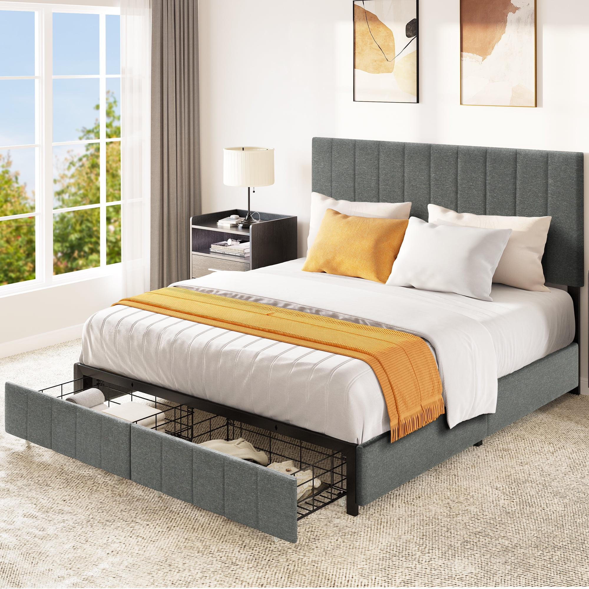 Dextrus Queen Size Bed Frame, Platform Bed with Storage Drawers, Upholstered Bed with Headboard and Strong Wood Slats Support, No Box Spring Needed, Grey - Curated Treasures Market