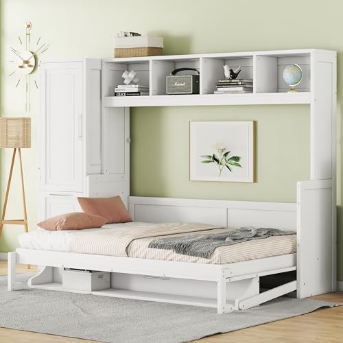 Linique Full Size Murphy Cabinet Storage Wall Bed with Closet and Drawers and Built-in Top Shelf,Hide a Bed on a Wardrobe Space Saving Design,Gray