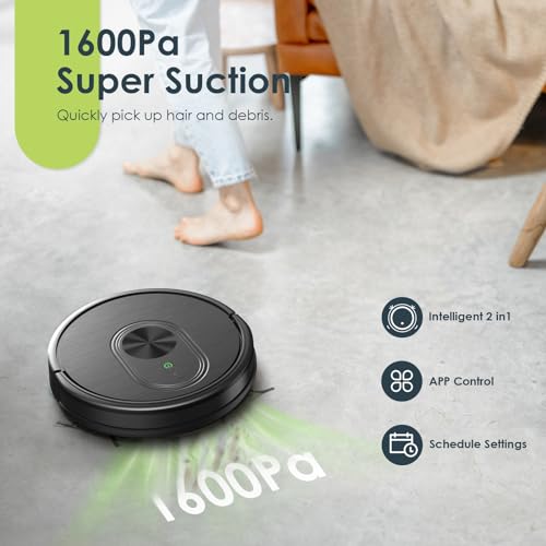 Robot Vacuum and Mop Combo, 3 in 1 Mopping Robotic Vacuum with Schedule, App/Bluetooth/Alexa, 1600Pa Max Suction, Self-Charging Robot Vacuum Cleaner, Slim, Ideal for Hard Floor, Pet Hair,Carpet