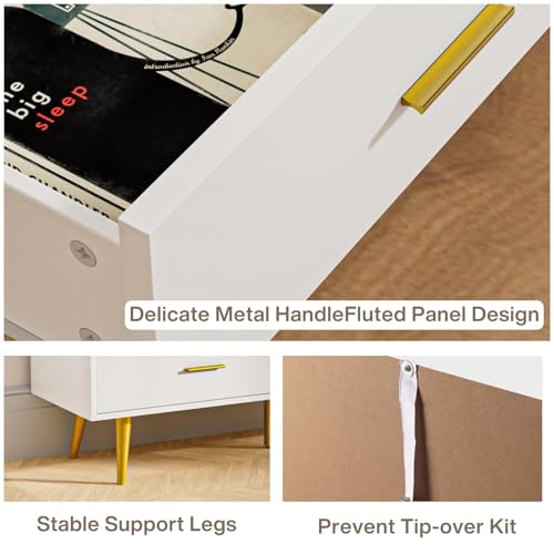 CARPETNAL White Dresser for Bedroom, 6 Drawer Dresser with Wide Drawers and Gold Metal Handles, Wood Dressers & Chest of Hallway, Entryway.