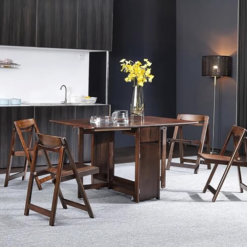 Solid Wood Folding Dining Table with Storage,Rectangular Island Kitchen Table with Drawers,Small Space Drop Leaf Foldable Table with Wheels,Table Only-No Chairs(34.5" D x 51" W x 29.5" H, Red Brown)