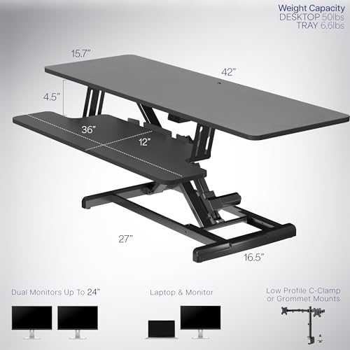 VIVO 42 inch Electric Motor Desk Converter, Height Adjustable Riser, Sit to Stand Dual Monitor and Laptop Workstation with Wide Keyboard Tray, Black, DESK-VE42B