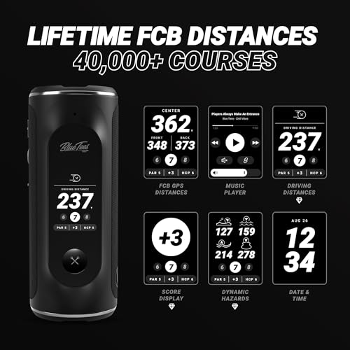 Blue Tees Golf Player+ GPS Speaker with Touch Screen Display, 10+ Hours Battery, 40,000+ Courses, Visual + Audible Distance, Hazard Distance - IPX7 Waterproof (Navy)