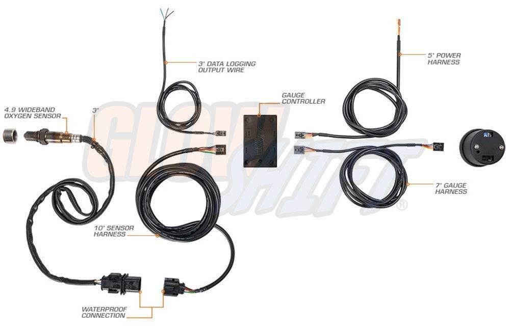GlowShift Black 7 Color Digital Wideband Air / Fuel Ratio AFR Gauge Kit - Includes Oxygen Sensor, Data Logging Output & Weld-in Bung - Multi-Color LED Display - Clear Lens - 2-1/16" 52mm