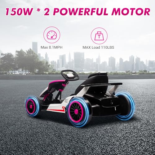 Go Kart, Electric Drift Kart Car with Adjustable Seat, 24V 7Ah Outdoor Ride On Toy, 2 * 200W Motor, 8.1 MPH, LED Lights, Toy Race Car for Kids 6-12 Years Old