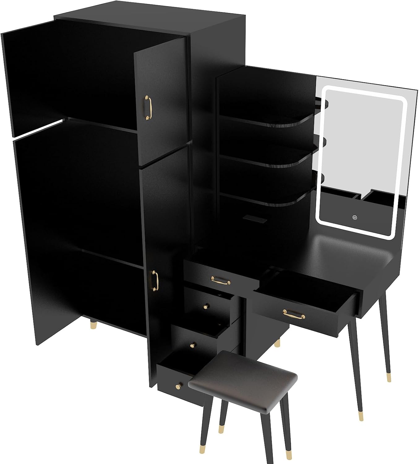 Makeup Vanity Table and Large Armoire Wardrobe Set, Dressing Table with LED Mirror and Power Outlets and 5 Drawers, 4 Door Bedroom Closet, Black