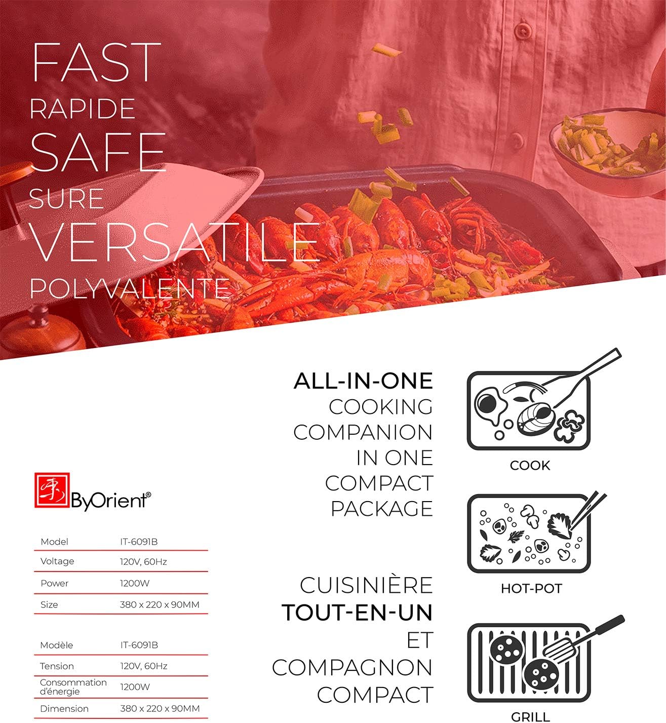 ByOrient Multi-Function Electric Cooker Skillet Compact Multicooker including 2 cooking pans