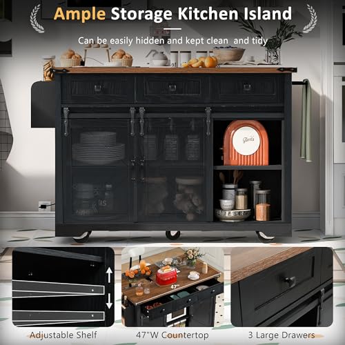 54.5" Farmhouse Kitchen Island with Drop Leaf,Storage Cabinet Island on Wheel,Rolling Home Cart Breakfast Bar Table with Power Outlet, 3 Drawer, Spice Rack