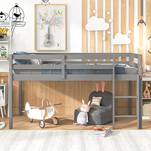 Loft Bed Twin,Loft Bed for Kids with Ladders and Guard Rails,Solid Wood and Sturdy Low Loft Bed Frame for Boys Girls and Junior,No Box Spring Needed,Easy to Assembly,Twin(Grey)