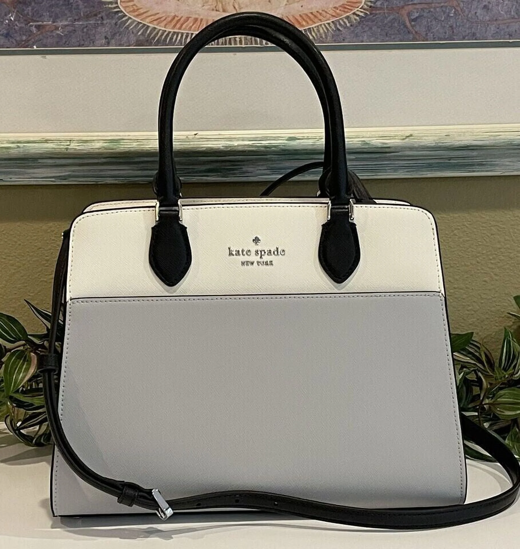 Kate Spade Madison Medium Platinum Grey Colorblock Leather Satchel Bag Purse KC621