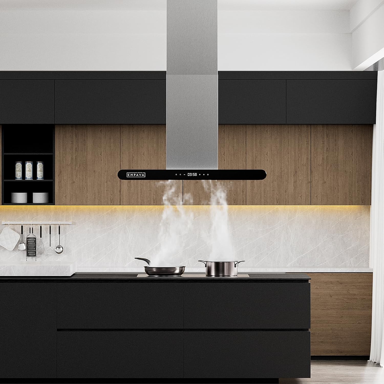Empava Ducted/Ductless Island Range Hood 36 Inch, Ceiling Mount Kitchen Stove Vent with 400 CFM Dual-Sided Touch Control, 3 Speeds, 4 LED Lights, Stainless Steel (Charcoal-Filter Sold Separately)