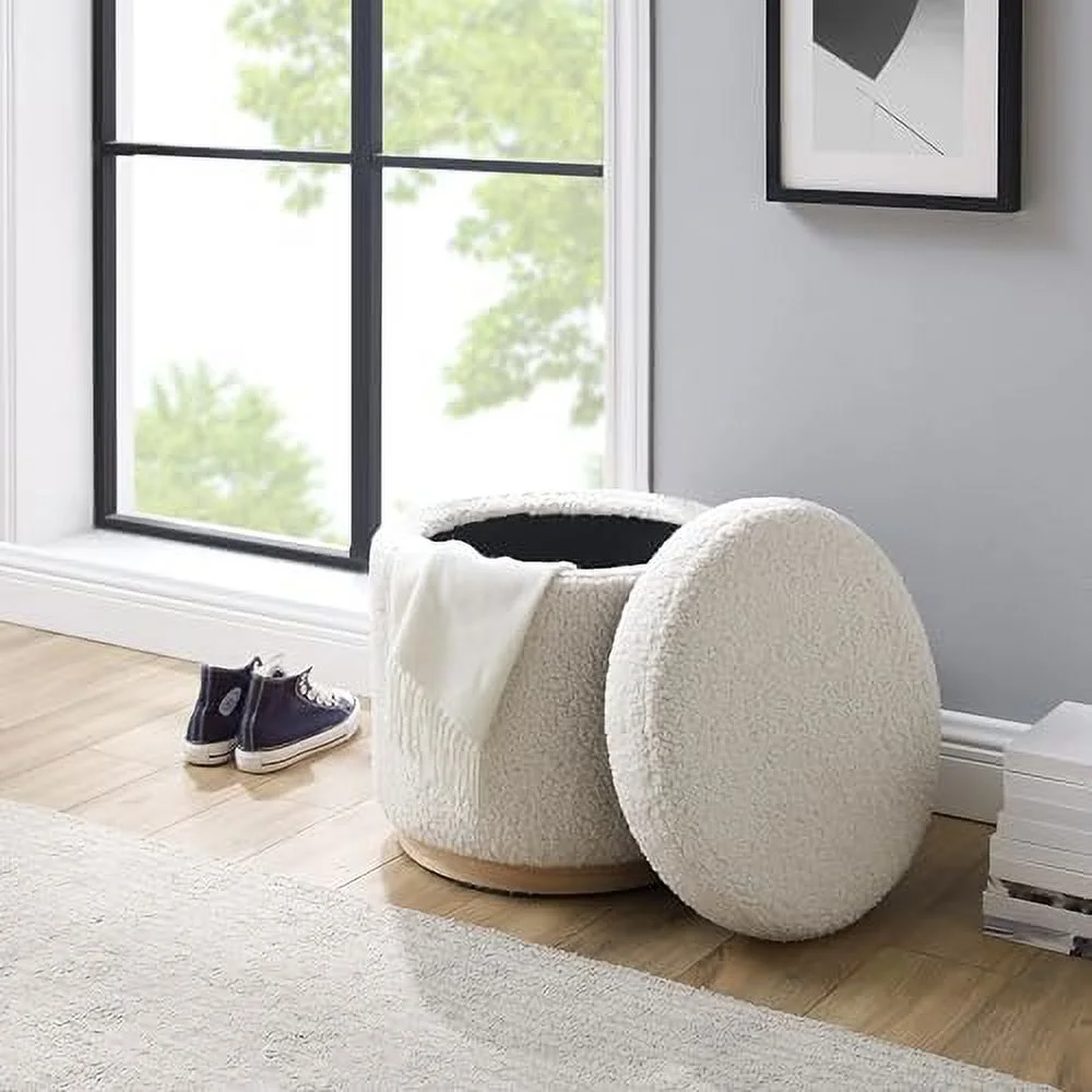 Lexington Natural Sherpa Round  Ottoman with Wood Accent