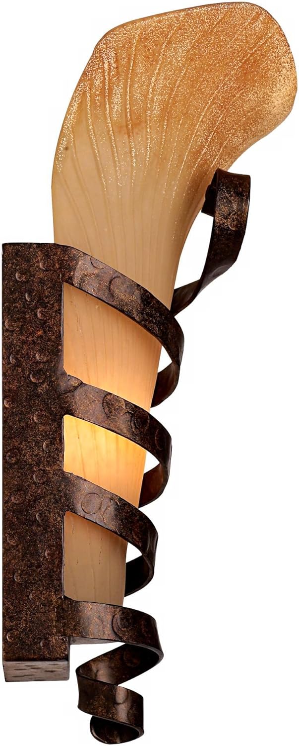 Franklin Iron Works Solara Farmhouse Rustic Wall Light Sconces Set of 2 Rust Hardwired 10" Fixture Iron Ribbon Scavo Art Glass for Bedroom Bedside Bathroom Vanity Living Room Hallway Dining House