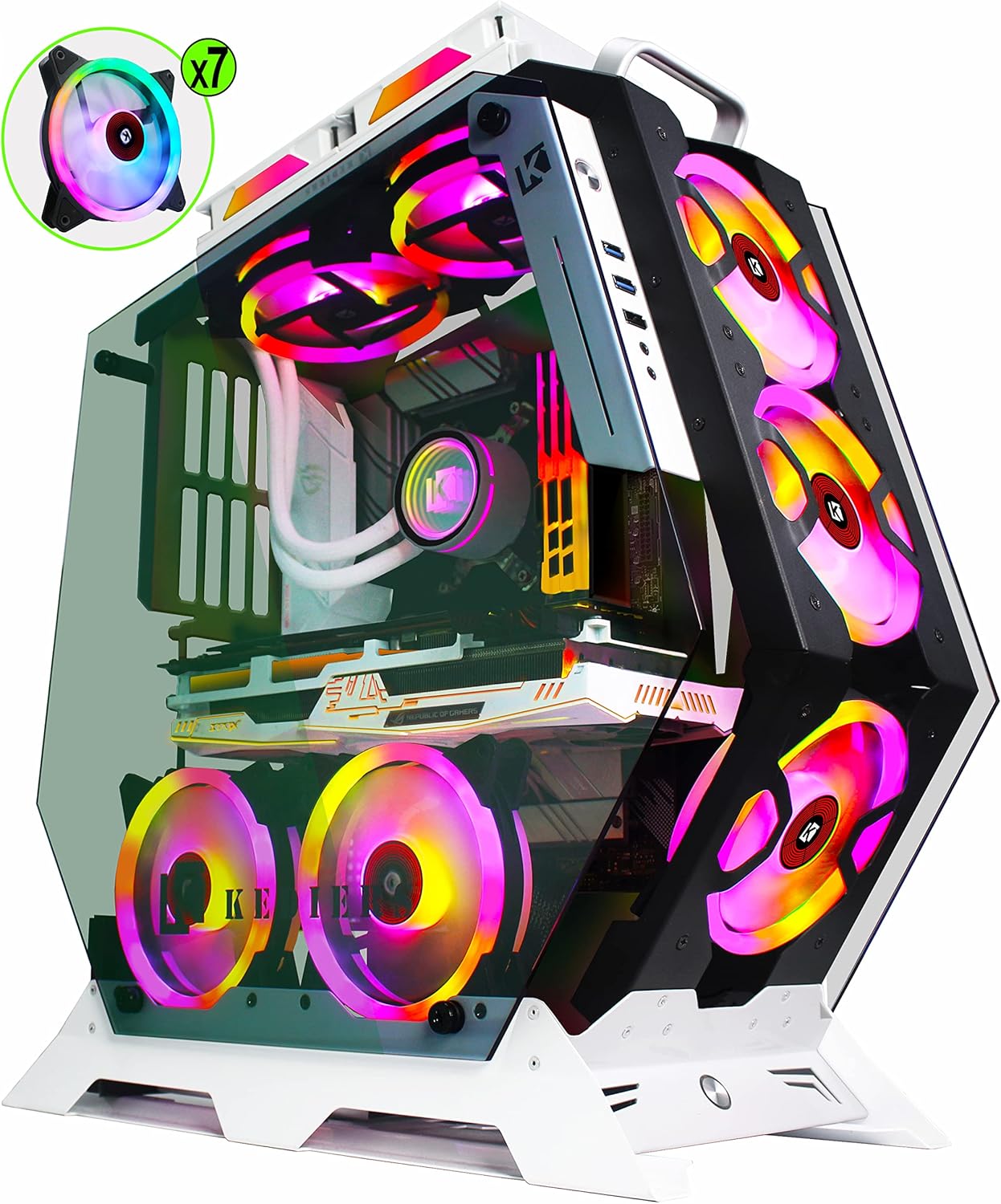 KEDIERS PC Gaming Case Computer Case ATX Mid Tower Open Case - USB3.0 - Remote Control - 2 Tempered Glass - Cooling System - Airflow - Cable Management