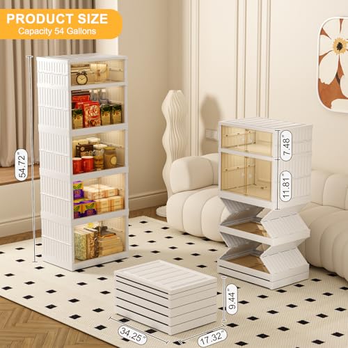 Collapsible Storage Bins with Wheels, 108 Gal Foldable Closet Organizers and Storage, Plastic Storage Cabinet with Door, 5 Tier Storage Containers for Kitchen Office Bedroom, White