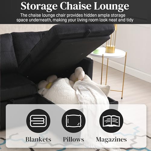Convertible Sofa Bed Sleeper, 3 Seater L-Shaped Sleeper Sectional Sofa with Storage Chaise, Comfy Corduroy Couch, Upholstered Pull Out Sofa Bed for Living Room, Beige