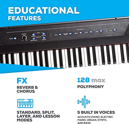 Alesis Recital – 88 Key Digital Piano Keyboard with Semi Weighted Keys, 2x20W Speakers, 5 Voices, Split, Layer and Lesson Mode, FX and Piano Lessons