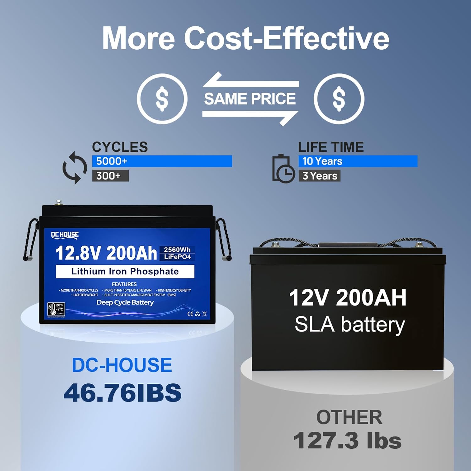 DC HOUSE 12V 200Ah Lithium LiFePO4 Deep Cycle Battery, Low Temp Cut Off, with 2560Wh Energy Max. Built-in 200A BMS for RV, Solar, Home Energy Storage, Marine Trolling Motor, Boat, Golf Carts