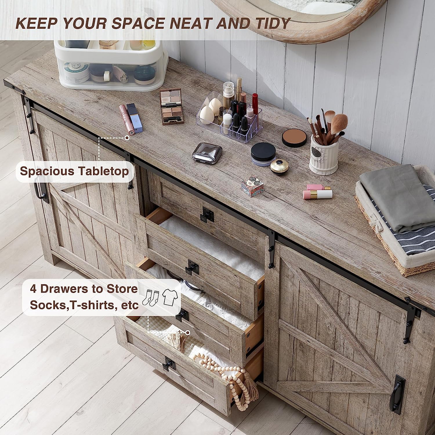 OKD 60" Farmhouse Dresser Chests for Bedroom with 4 Drawers & Sliding Barn Doors, Rustic Dresser TV Stand, Light Rustic Oak