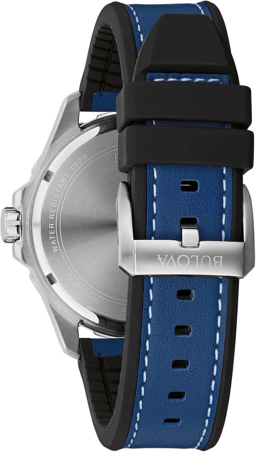 Bulova Men's Marine Star 'Series B' Silver Stainless Steel Quartz Watch, Blue Leather and Black Silicone Strap, 43mm Style: 96B419