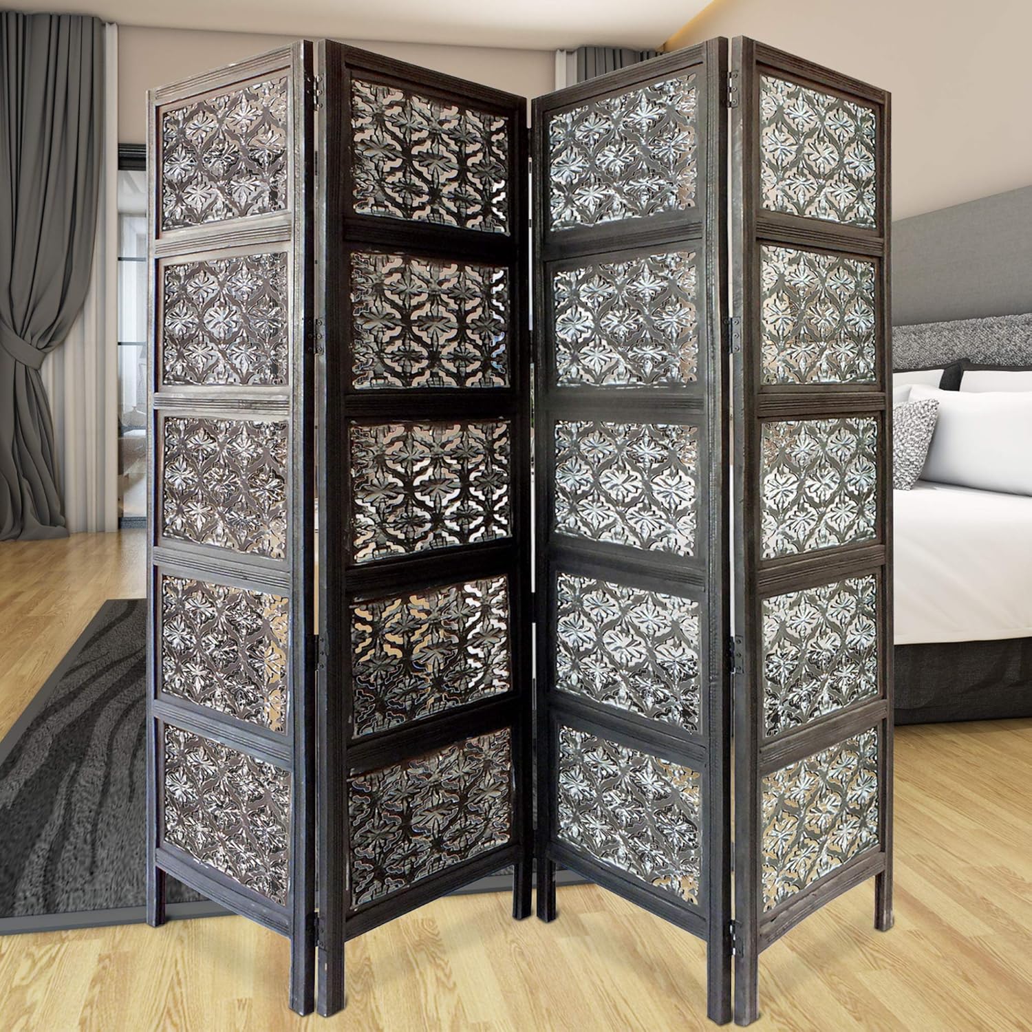 TUP The Urban Port , Black and White Four Panel Mango Wood Room Divider with Traditional Carvings