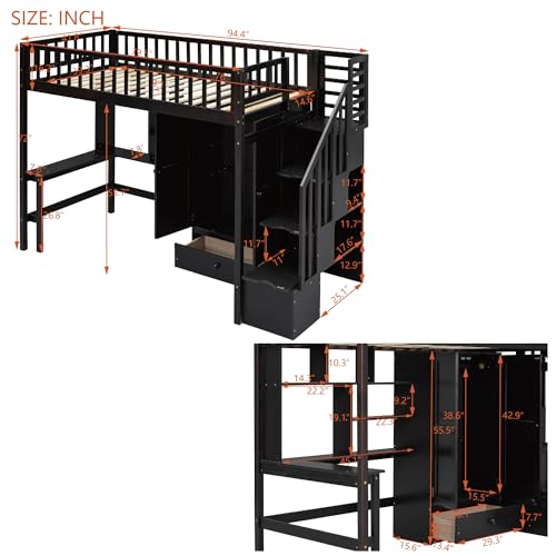 Full Size Loft Bed with Wardrobe Desk Storage Stairs, Wood Loft Bed Frame with Bookcase and Drawers, High Loft Bedframe for Kids Teens Adults, No Box Spring Needed, Espresso