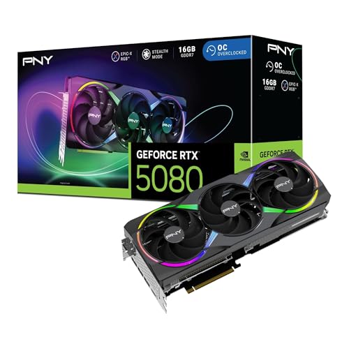 PNY NVIDIA GeForce RTX™ 5080 16GB ARGB Overclocked Triple Fan Graphics Card (DLSS 4, PCIe® 5.0, HDMI®/DP 2.1, 2.9-Slot, Epic-X™ RGB Lighting)
