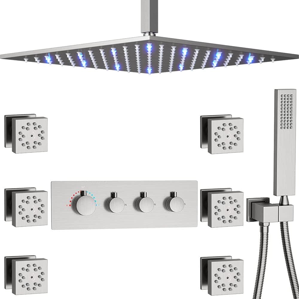 KATAIS 16 Inch LED Rain Shower Fixtures Thermostatic Multiple Rain Mixer Shower System with Body Jets, Polished Chrome Ceiling Mounted Brass Shower Faucet Combo Can Use All Functions At a Time