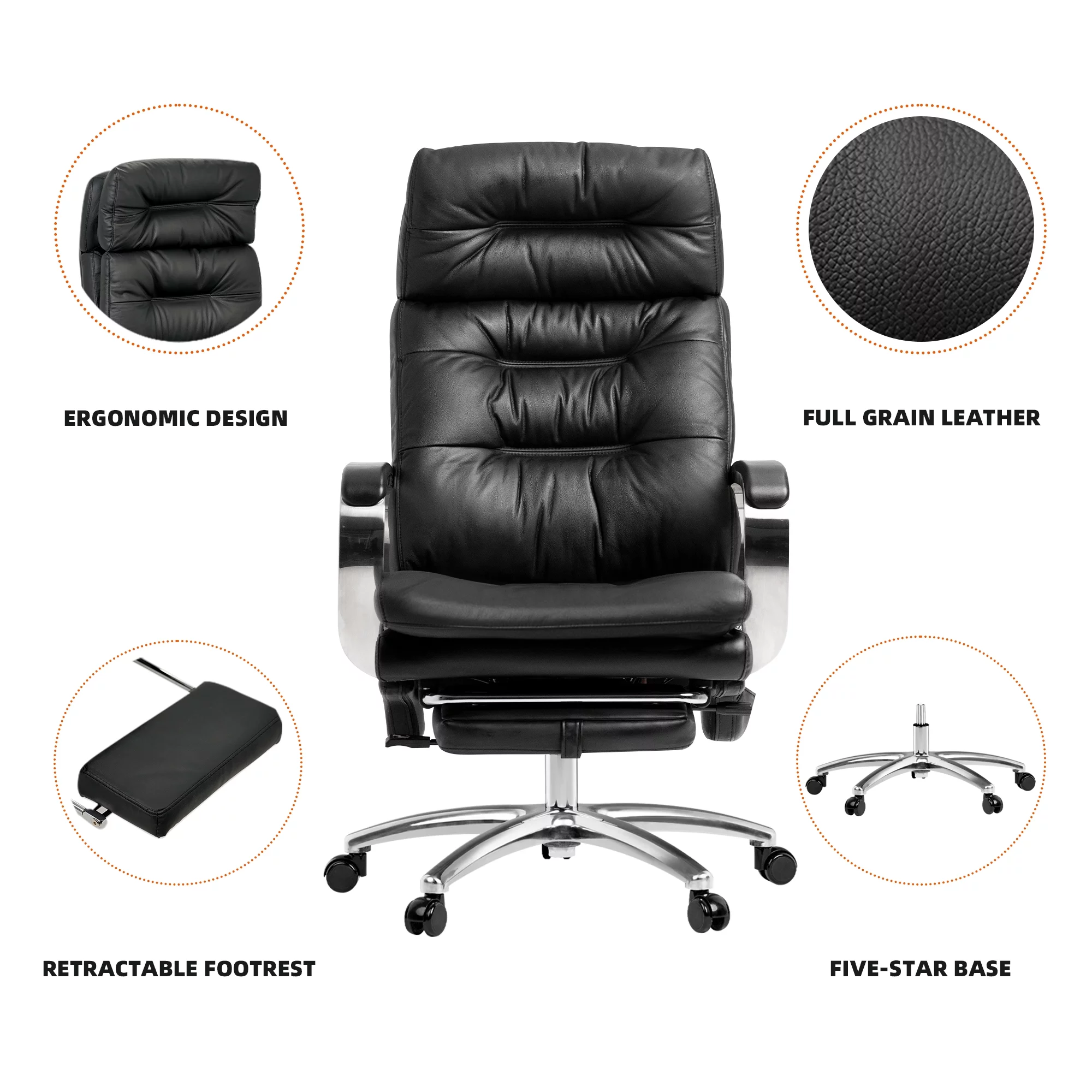 Kinnls Vane Massage Office Chair with Footrest Fully Reclining Managerial & Executive Genuine Leather Desk Task Chairs 500lbs