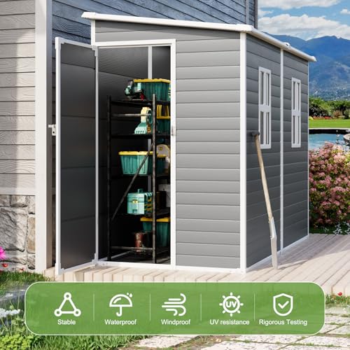 8x6x7 FT Resin Storage Shed, Waterproof Outdoor Storage Shed w/Floor, 2 Windows, Double Lockable Doors & Vents, Tool Shed for Patio Garden, Lawn, Backyard, Dove Grey