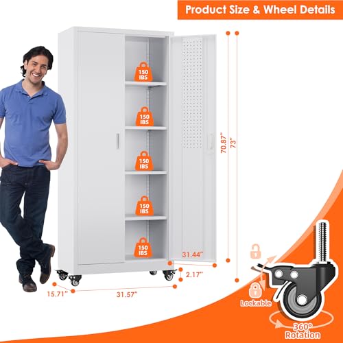 73" H Metal Storage Cabinet with Wheels, Garage Storage Cabinet with 4 Adjustable Shelves and Lockable Doors for Garage Home Office Utility Room,Required Assembly,Black
