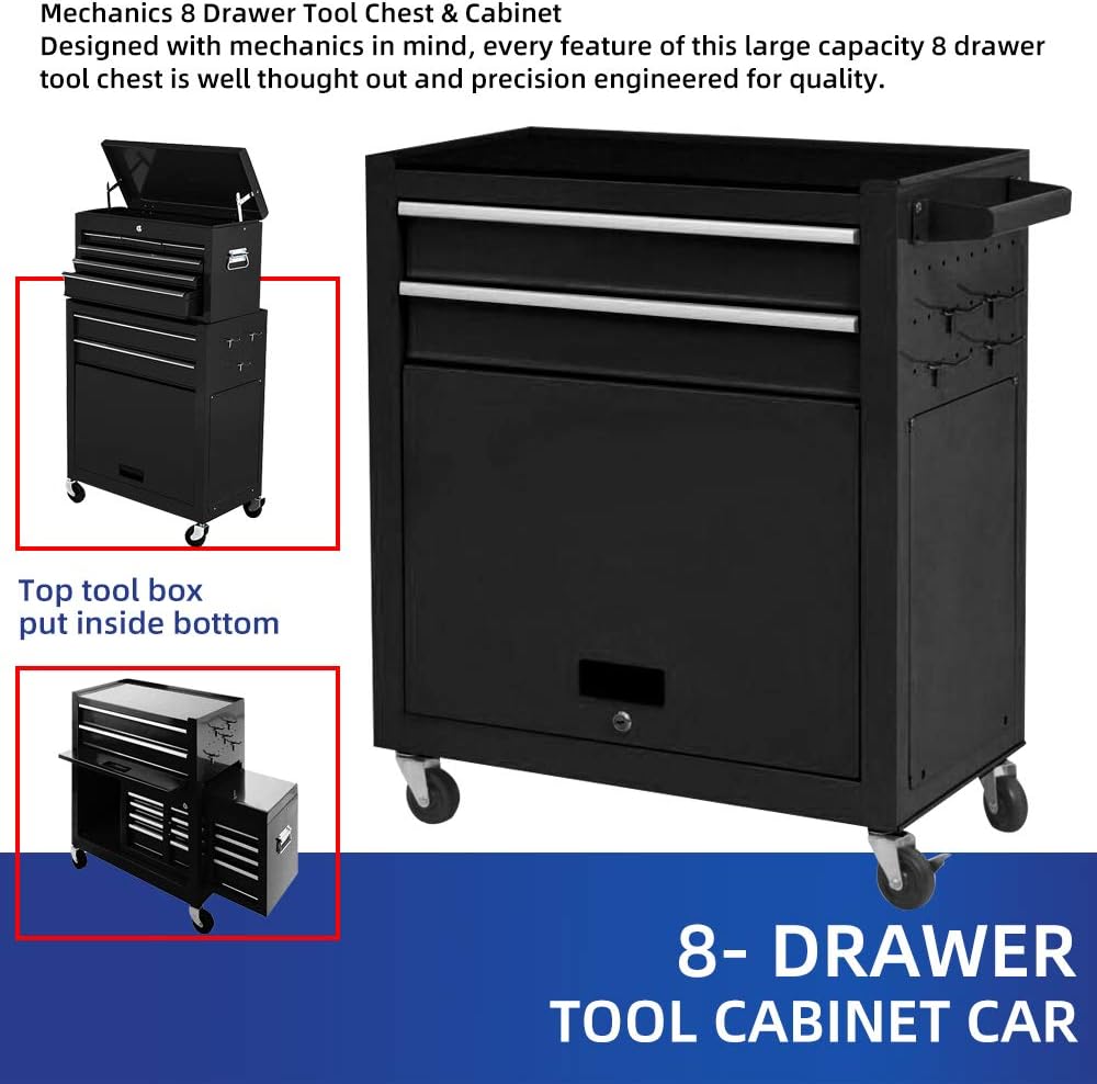 8-Drawer Tool Chest Rolling Tool Box with Wheels, Large Detachable Tool Box with Drawers and Lock, Metal Tool Cart Storage Cabinet for Garage and Warehouse (Black)